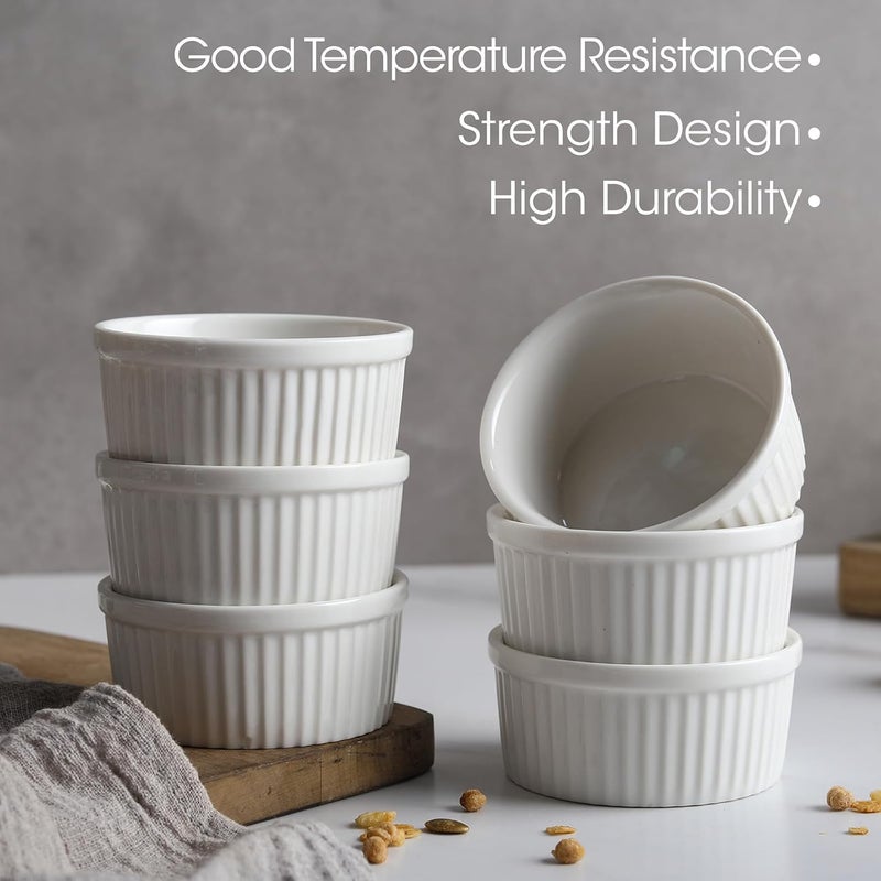 Feenmai Ramekins 6 oz Creme Brulee Ramekins Oven Safe Bowls Set of 6 Small Ceramic Baking Bowls Porcelain Pudding Custard Souffle Bowls Dipping Sauce Bowls White Kitchen Remekins for Baking - Image 4